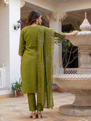 Olive embroidered viscose mango silk kurta set with dupatta 4