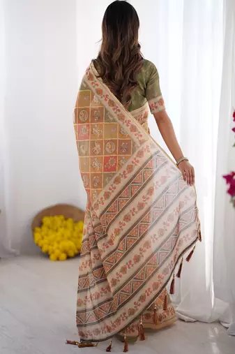 Rust orange  handloom cotton saree with rust blouse and village celebration print