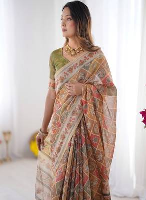 Rust orange  handloom cotton saree with rust blouse and village celebration print 1