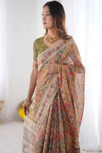 Rust orange  handloom cotton saree with rust blouse and village celebration print