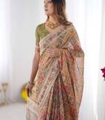 Rust orange  handloom cotton saree with rust blouse and village celebration print