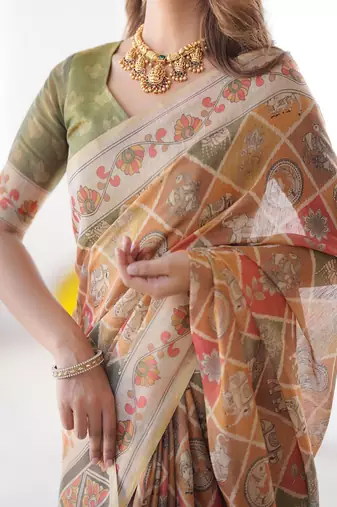 Rust orange  handloom cotton saree with rust blouse and village celebration print