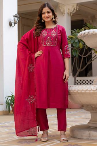 Pink embroidered viscose mango silk kurta set with dupatta