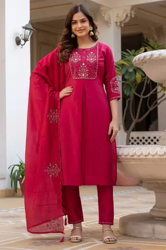 Pink embroidered viscose mango silk kurta set with dupatta