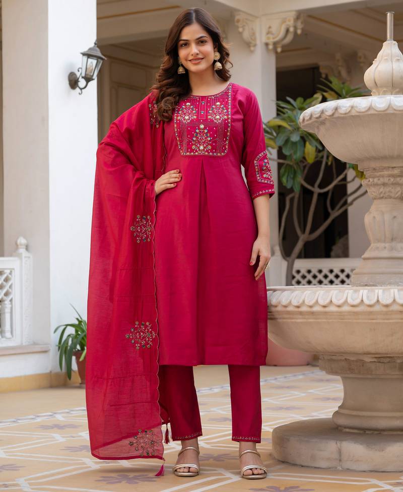 Pink embroidered viscose mango silk kurta set with dupatta