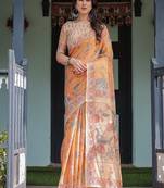 mustard orange with floral motifs linen cotton handloom printed saree, delicate borders, and tassels