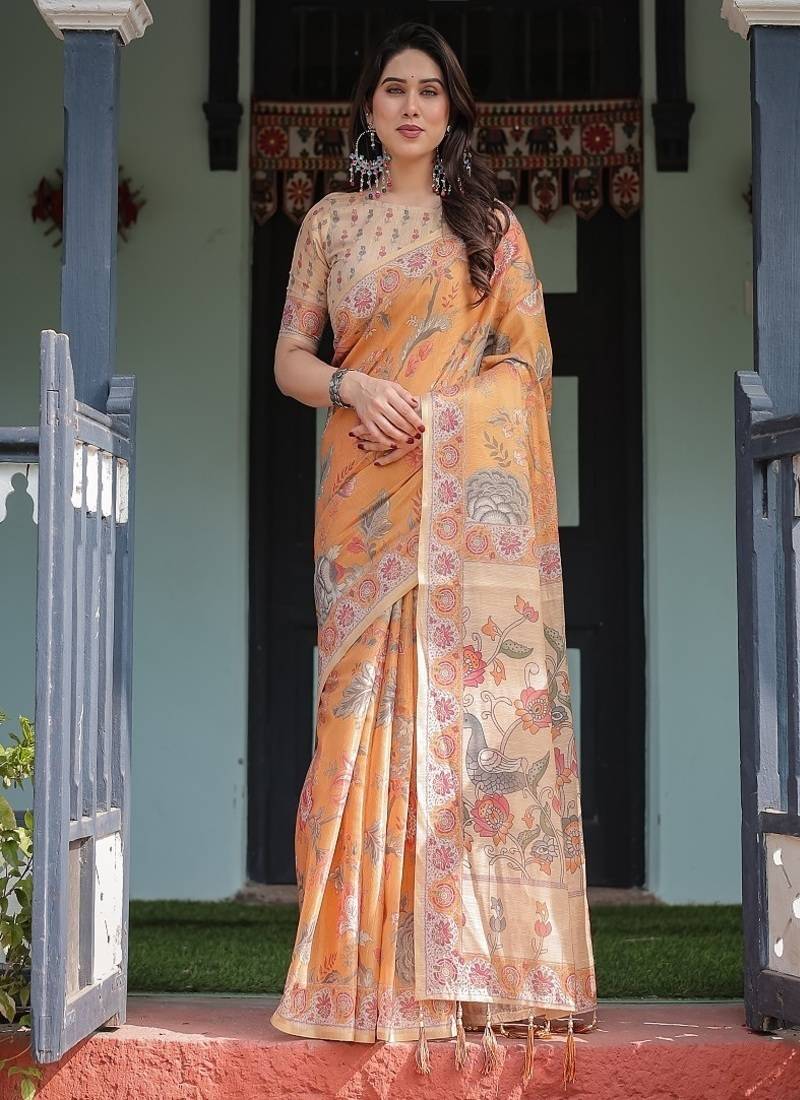 mustard orange with floral motifs linen cotton handloom printed saree, delicate borders, and tassels