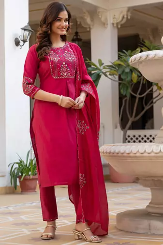Pink embroidered viscose mango silk kurta set with dupatta