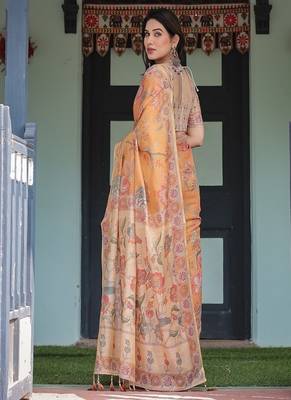 mustard orange with floral motifs linen cotton handloom printed saree, delicate borders, and tassels 3