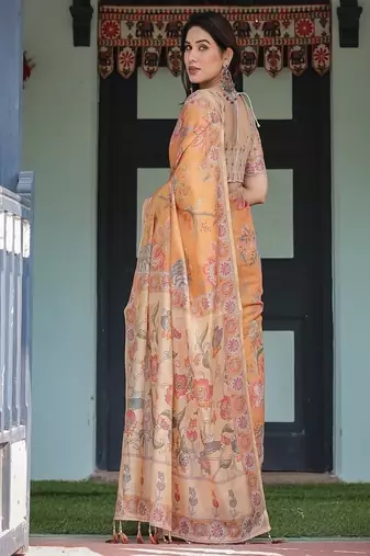 mustard orange with floral motifs linen cotton handloom printed saree, delicate borders, and tassels