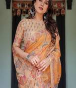 mustard orange with floral motifs linen cotton handloom printed saree, delicate borders, and tassels