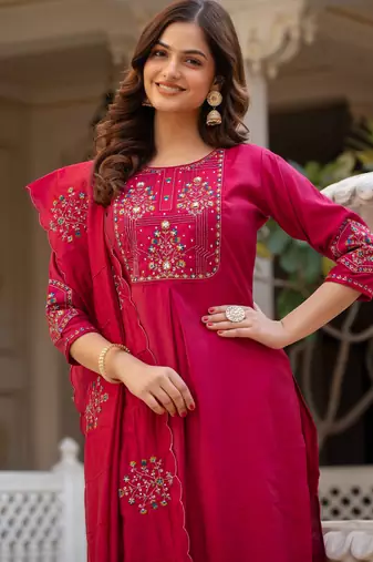 Pink embroidered viscose mango silk kurta set with dupatta
