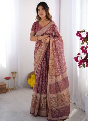 wine handloom cotton saree with floral print, mythical border & tassels 2