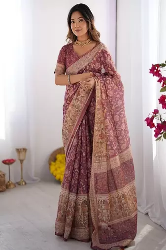 wine handloom cotton saree with floral print, mythical border & tassels