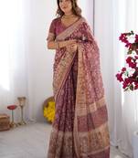 wine handloom cotton saree with floral print, mythical border & tassels