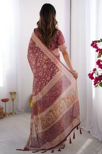 wine handloom cotton saree with floral print, mythical border & tassels