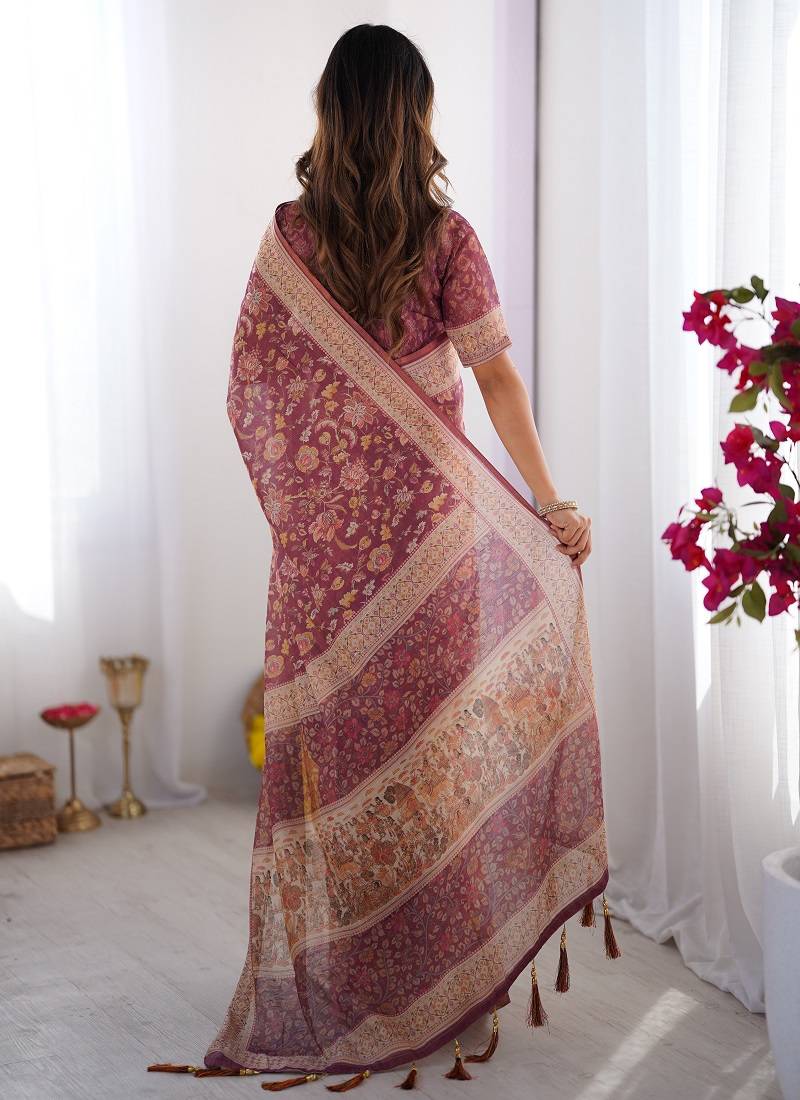 wine handloom cotton saree with floral print, mythical border & tassels