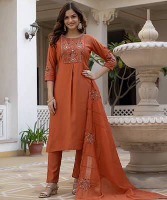 Rust embroidered viscose mango silk kurta set with dupatta 1