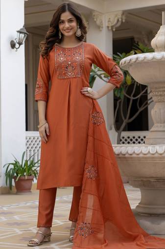 Rust embroidered viscose mango silk kurta set with dupatta