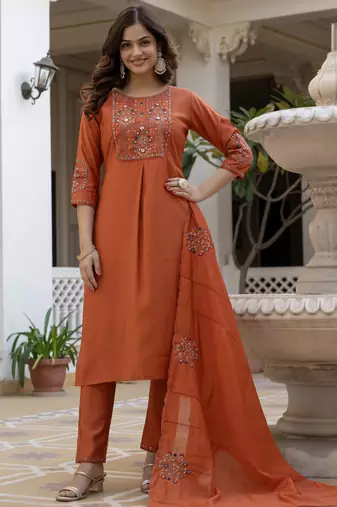 Rust embroidered viscose mango silk kurta set with dupatta