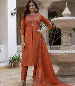 Rust embroidered viscose mango silk kurta set with dupatta