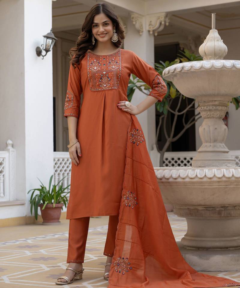 Rust embroidered viscose mango silk kurta set with dupatta