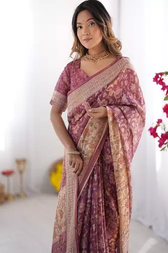 wine handloom cotton saree with floral print, mythical border & tassels