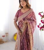 wine handloom cotton saree with floral print, mythical border & tassels