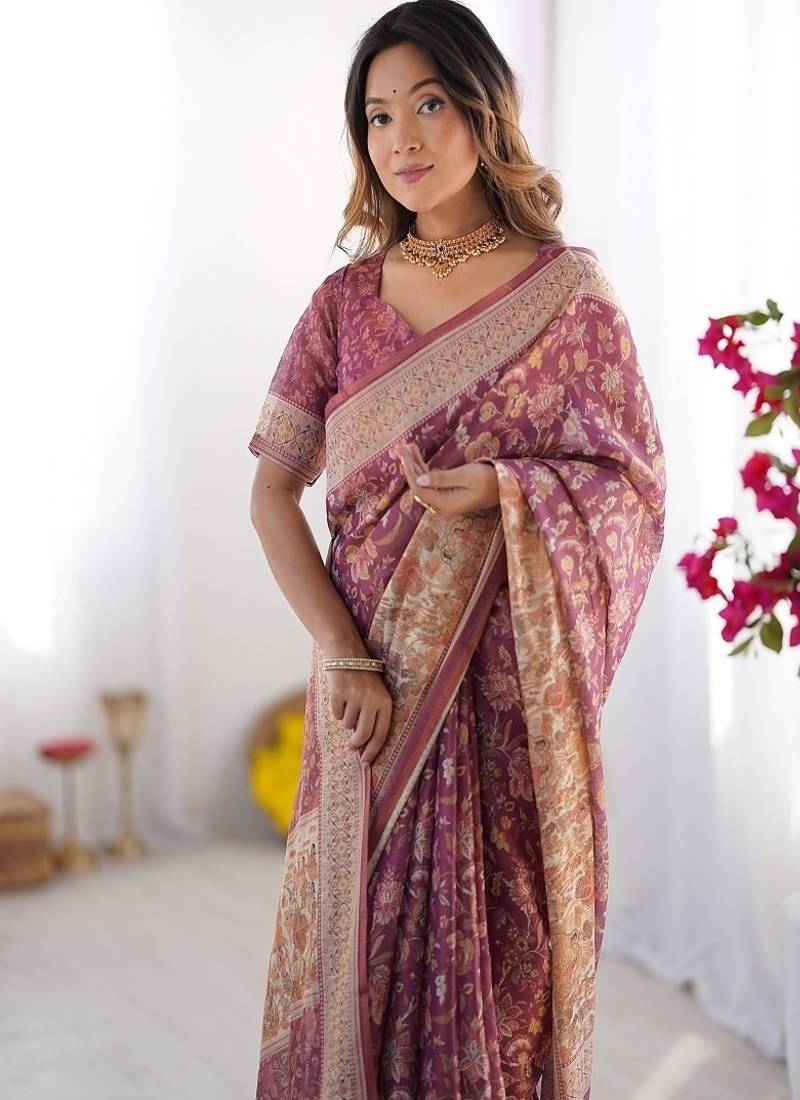 wine handloom cotton saree with floral print, mythical border & tassels