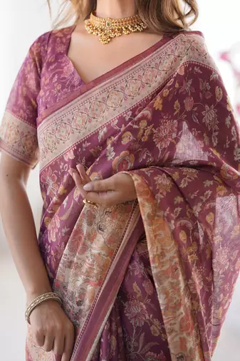 wine handloom cotton saree with floral print, mythical border & tassels