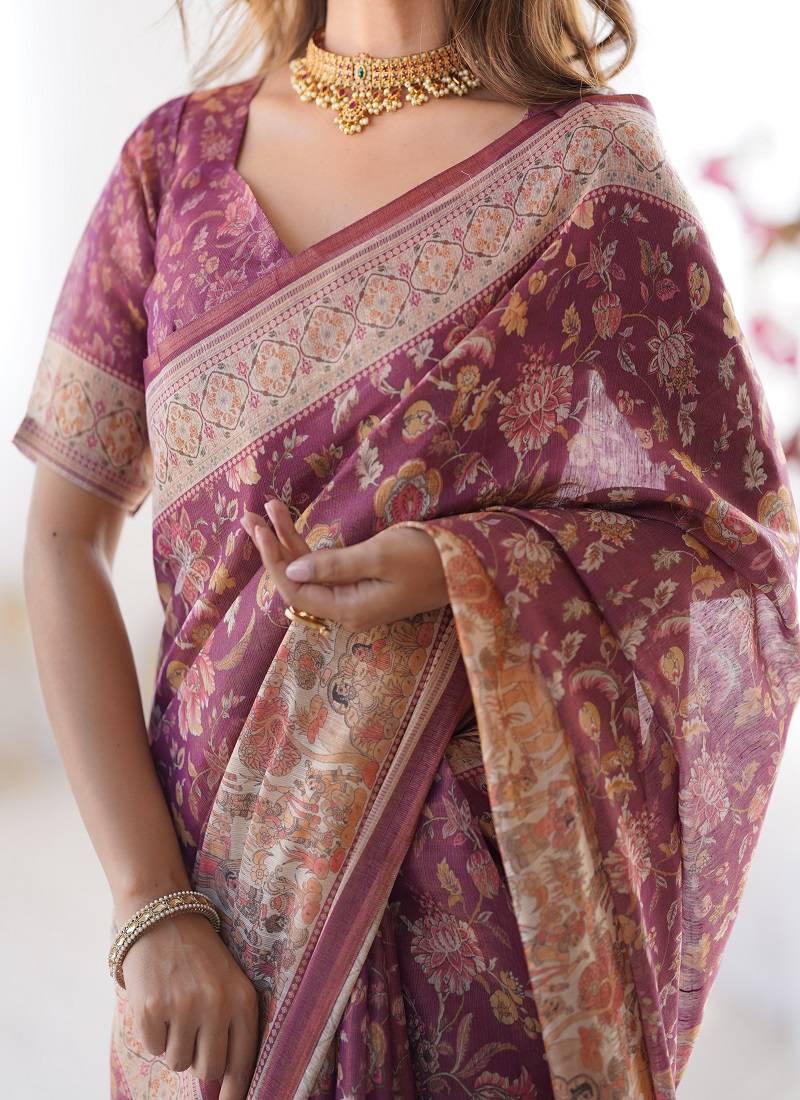 wine handloom cotton saree with floral print, mythical border & tassels