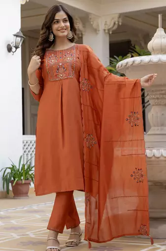 Rust embroidered viscose mango silk kurta set with dupatta