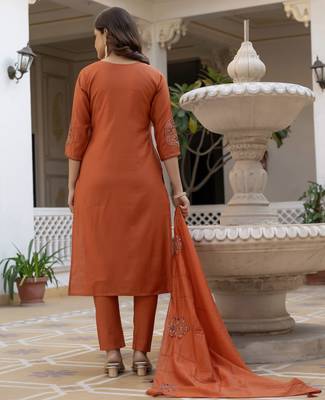 Rust embroidered viscose mango silk kurta set with dupatta 4