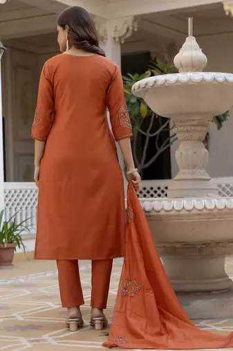 Rust embroidered viscose mango silk kurta set with dupatta