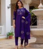 Violet embroidered viscose mango silk kurta set with dupatta