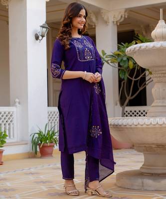 Violet embroidered viscose mango silk kurta set with dupatta 2