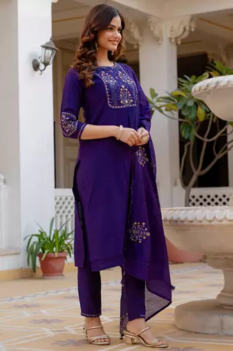 Violet embroidered viscose mango silk kurta set with dupatta
