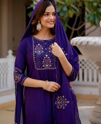 Violet embroidered viscose mango silk kurta set with dupatta 3