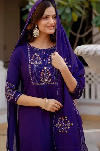 Violet embroidered viscose mango silk kurta set with dupatta