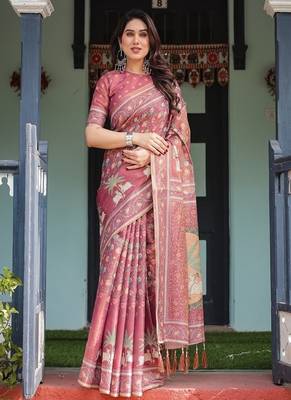 Dusty rose with floral motifs linen cotton handloom printed saree, pastoral scene pallu, and tassels 2