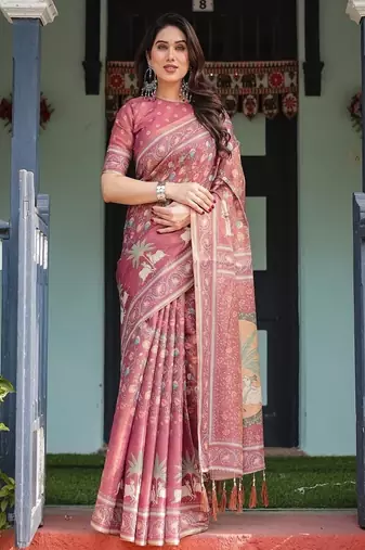 Dusty rose with floral motifs linen cotton handloom printed saree, pastoral scene pallu, and tassels