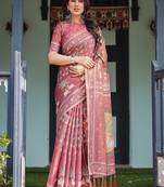 Dusty rose with floral motifs linen cotton handloom printed saree, pastoral scene pallu, and tassels