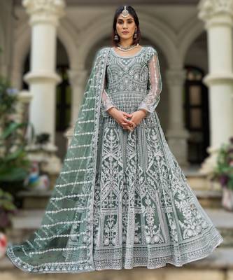 Greeen pure butterfly net heavy embroidered top with dupatta 1