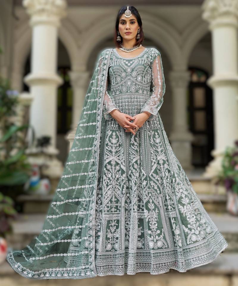 Greeen pure butterfly net heavy embroidered top with dupatta | diamond work designer party wear kurti set