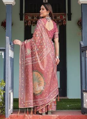 Dusty rose with floral motifs linen cotton handloom printed saree, pastoral scene pallu, and tassels 3