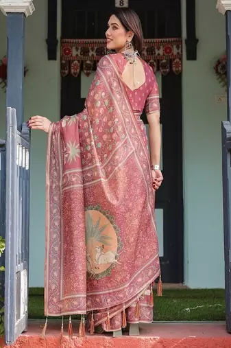 Dusty rose with floral motifs linen cotton handloom printed saree, pastoral scene pallu, and tassels