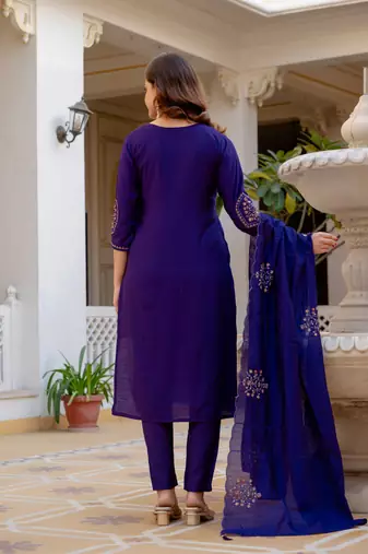 Violet embroidered viscose mango silk kurta set with dupatta