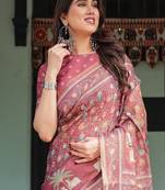 Dusty rose with floral motifs linen cotton handloom printed saree, pastoral scene pallu, and tassels