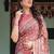Dusty rose with floral motifs linen cotton handloom printed saree, pastoral scene pallu, and tassels