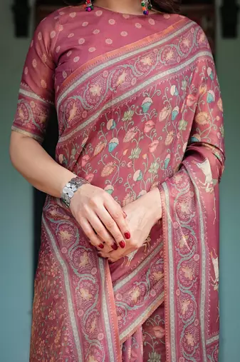 Dusty rose with floral motifs linen cotton handloom printed saree, pastoral scene pallu, and tassels